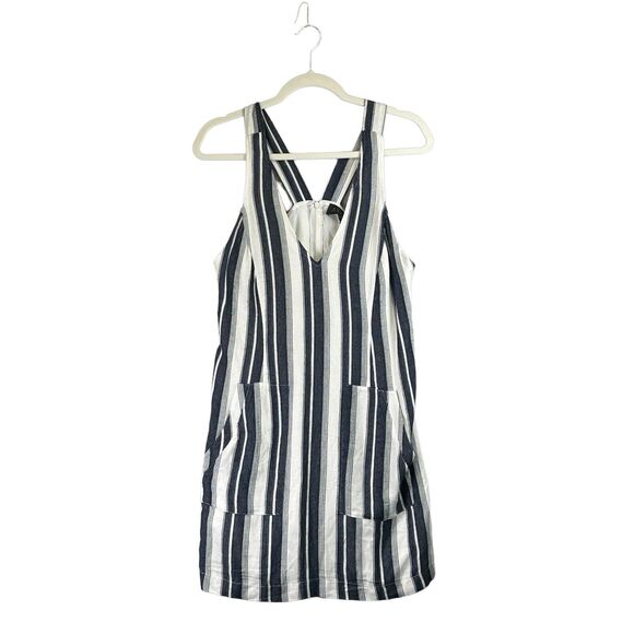 ASTR Sundress Jumper Pockets Casual Sleeveless Striped V-neck Gray White Size M - Picture 1 of 12
